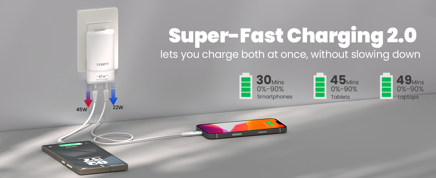 Tempt Elite Travel X USB C charger 67W super fast charging adapter with dual ports for phone charger and laptop charger