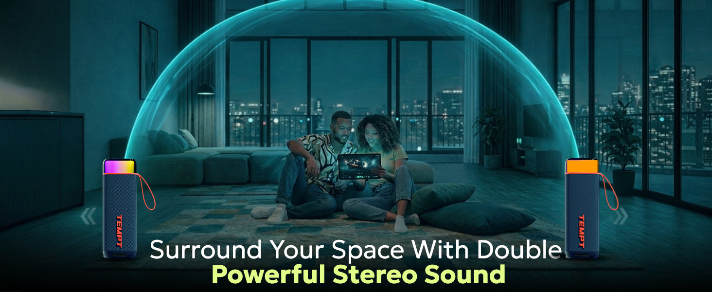 Tempt Enigma wireless speakers with stereo TWS mode for powerful surround sound portable speaker