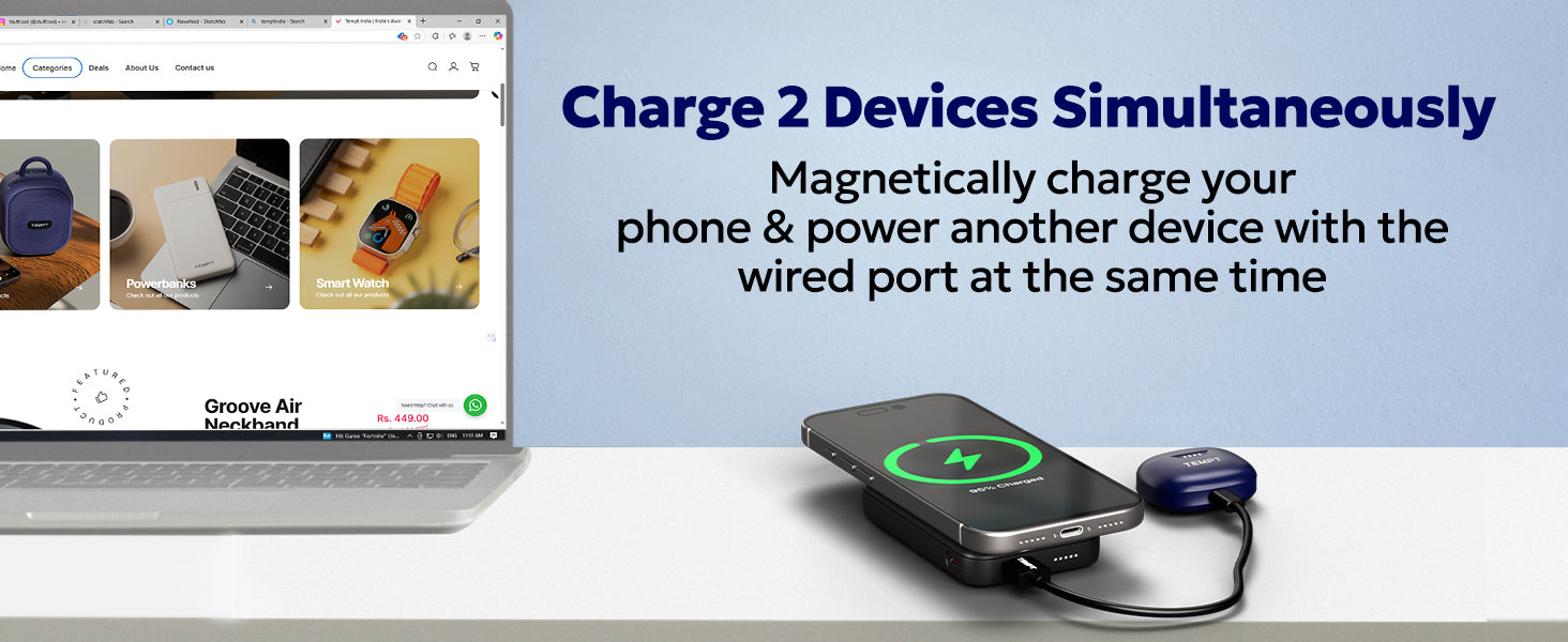Tempt Flair Dual Device Charging Wireless and Wired Power Bank