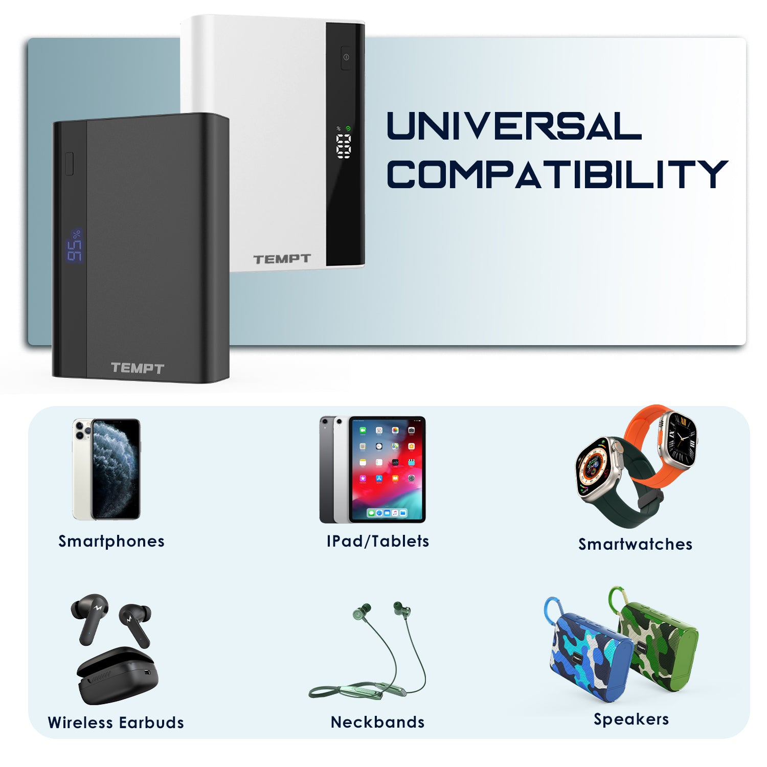 Tempt Fuel 10K Universal Compatibility Mobile Power Bank Phone Power Bank, smartphones, ipad/tablets, smartwatches,