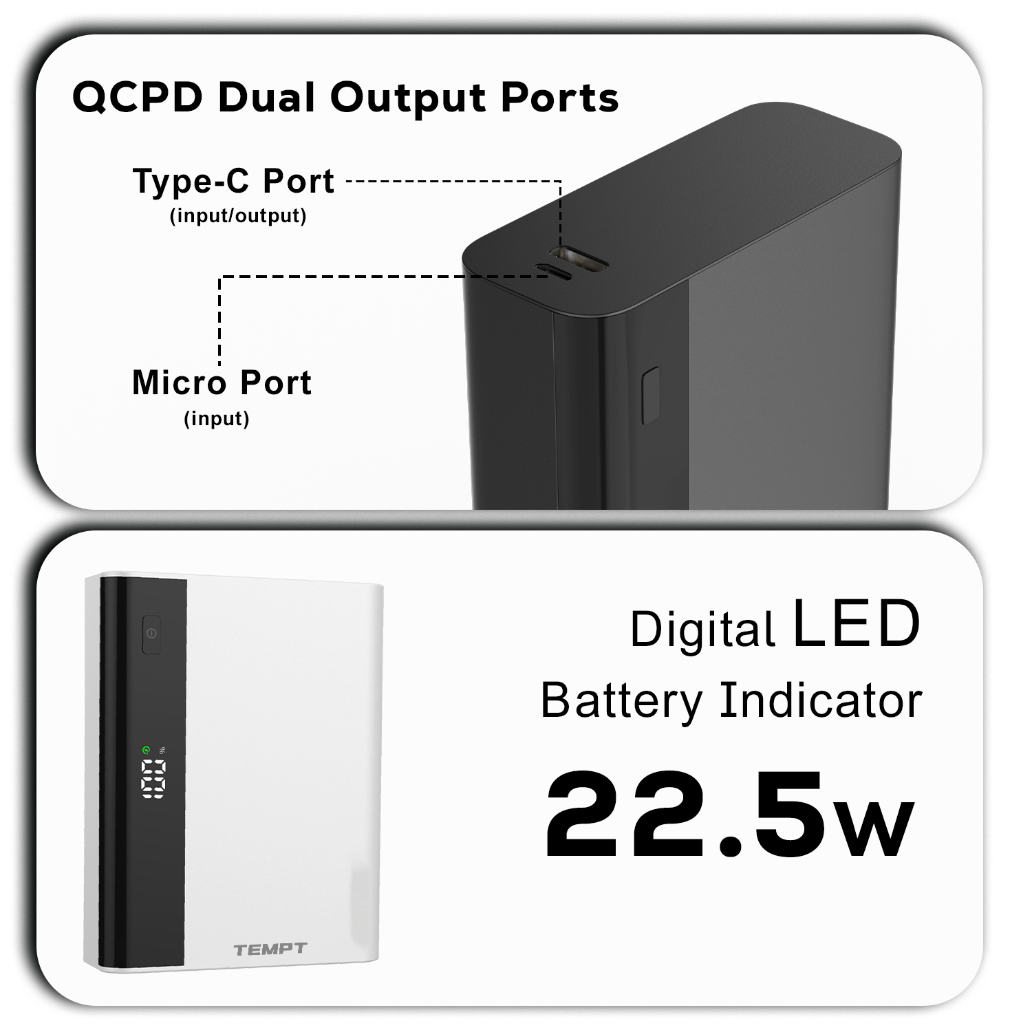 temptfuel powerbank compact powerful lithium battery 22.5w power delivery