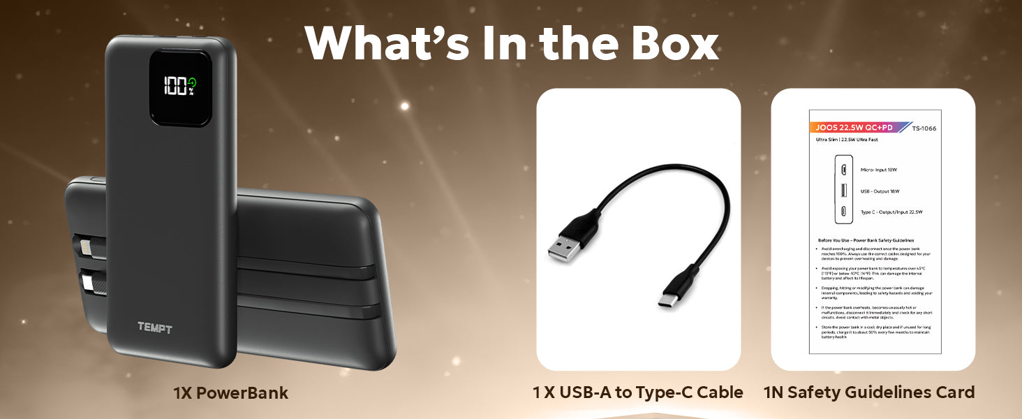Tempt Joos QCPD 10K Power Bank Box Contents USB Cable and Manual