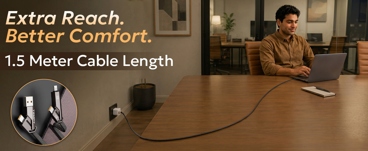  Tempt QuadCharge 65W 1.5 Meter Braided Charging Cable Long Reach Fast Charging Cable Category