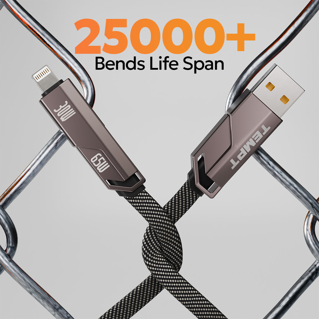 Tempt QuadCharge 65W Braided Charging Cable with 25000 Plus Bend Lifespan for Long Lasting Performance Cable Category