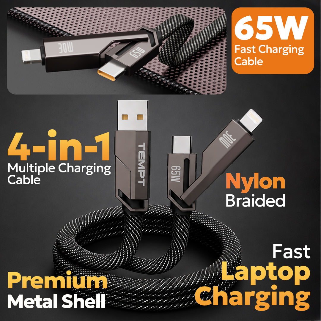 Tempt QuadCharge 65W Fast Charging Cable with 4-in-1 Charging, Nylon Braided Design and Laptop Charging Support Cable Category