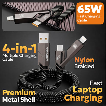 Tempt QuadCharge 65W Fast Charging Cable with 4-in-1 Charging, Nylon Braided Design and Laptop Charging Support Cable Category