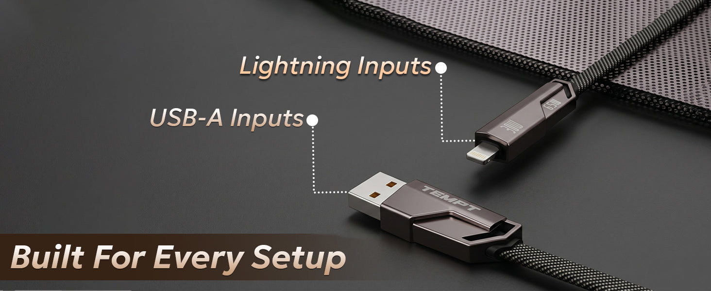 Tempt QuadCharge 65W Multi Device Charging Cable with USB A USB C and Lightning Inputs Cable Category