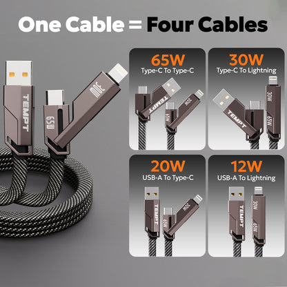 Tempt QuadCharge 65W Multi Device Charging Cable with USB-A, USB-C and Lightning Connectivity Cable Category