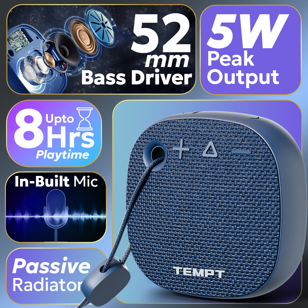 Tempt Rebel Air Portable Bluetooth Speaker with 5W Output 8 Hours Playtime and Passive Radiator