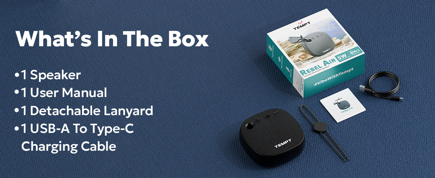 Tempt rebel air bluetooth speaker keeps speakers and user mannual and detachable lanyard, type c cable.