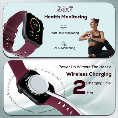 Tempt Streak X Heart Rate and SpO2 Health Tracking Smartwatch Fitness Smartwatch, power up with wireless charger.