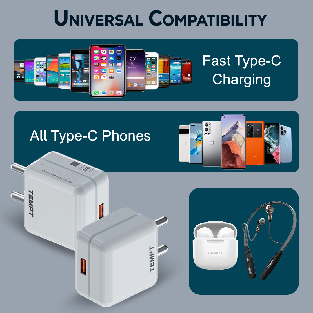 Tempt Turbo 65 Universal Compatibility USB-C Mobile Charging Adapter Phone Charger