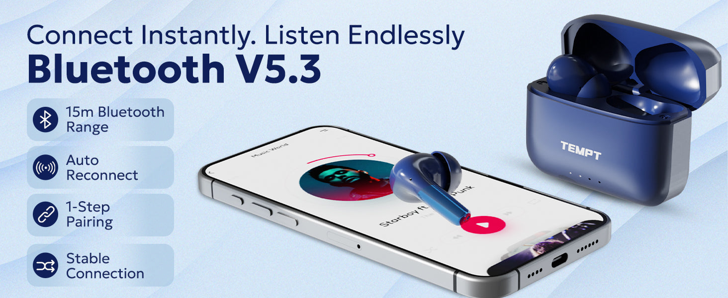 Tempt Wave Pro Bluetooth 5.3 Stable Connection Wireless Bluetooth Earbuds