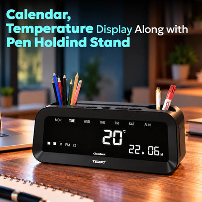 temptindia_Black_juggler_clockbeat_speaker_calender_temperature_with_pen_holding_stand